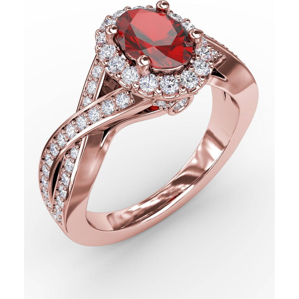 Criss-Cross Split Shank Ring with Oval Ruby and Pavé Diamond Halo by Fana - 1.56 Carat Total Gemstone Weight
