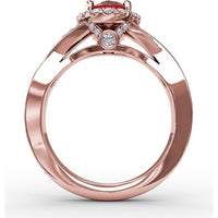 Criss-Cross Split Shank Ring with Oval Ruby and Pavé Diamond Halo by Fana - 1.56 Carat Total Gemstone Weight
