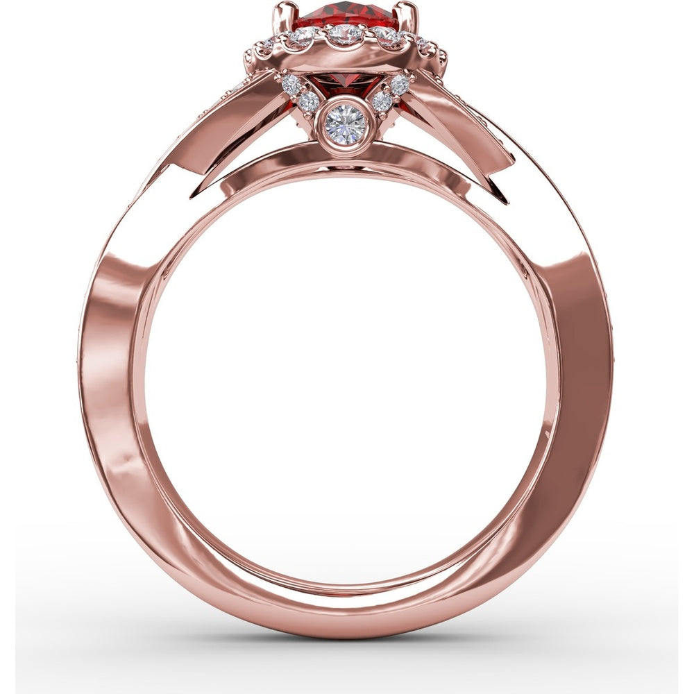 Criss-Cross Split Shank Ring with Oval Ruby and Pavé Diamond Halo by Fana - 1.56 Carat Total Gemstone Weight