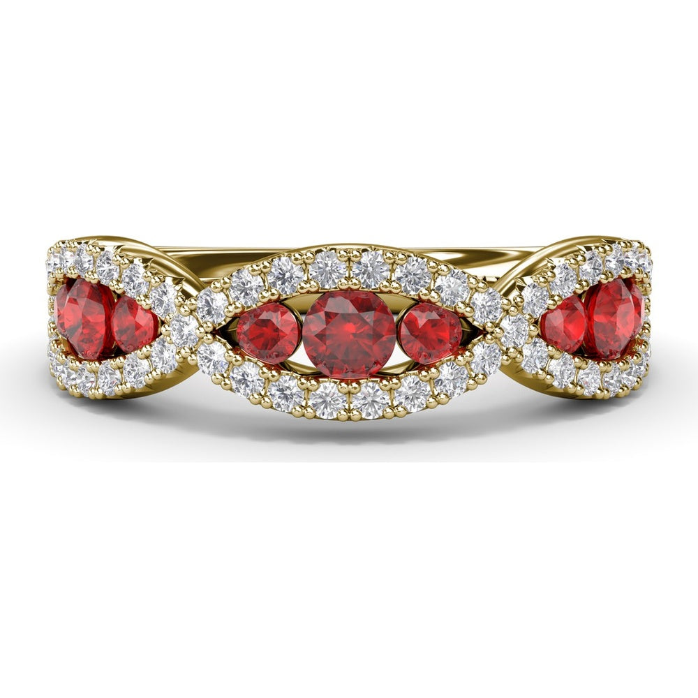 Crossover Anniversary Band with Round Rubies and Pavé Diamonds by Fana - 0.95 Carat Total Gemstone Weight