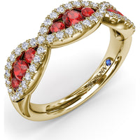 Crossover Anniversary Band with Round Rubies and Pavé Diamonds by Fana - 0.95 Carat Total Gemstone Weight