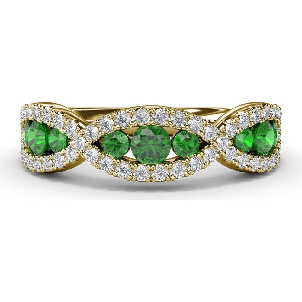 Crossover Infinity Twist Band with Pavé Diamonds and Round Emeralds by Fana - 0.86 Carat Total Gemstone Weight