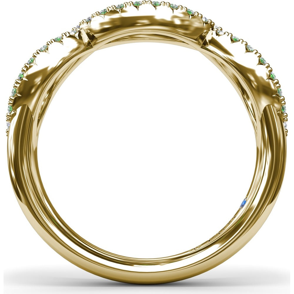 Crossover Infinity Twist Band with Pavé Diamonds and Round Emeralds by Fana - 0.86 Carat Total Gemstone Weight