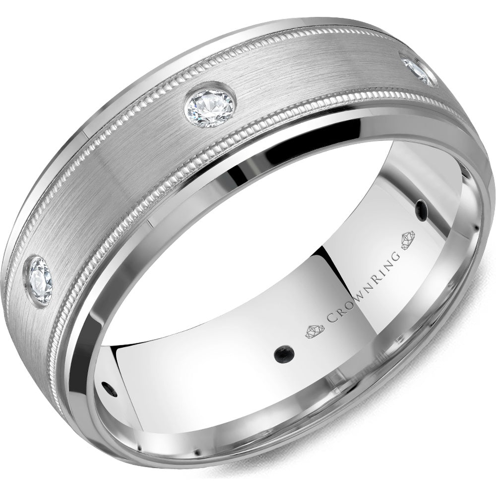CrownRing Men's Wedding Band - 14K White Gold with Brushed Center, Milgrain Edges, and Six Flush-Set Round Diamonds - 0.23 Carat Total Diamond Weight - 8mm Width from the Diamond Collection