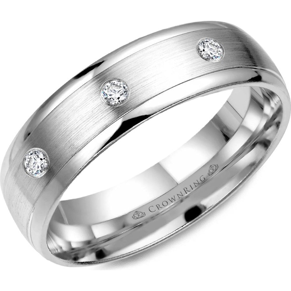 CrownRing Men's Wedding Band - 14K White Gold with Flush-Set Round Diamonds and Brushed Sandpaper Center- 0.2 Carat Total Diamond Weight - 6mm Width from the Diamond Collection