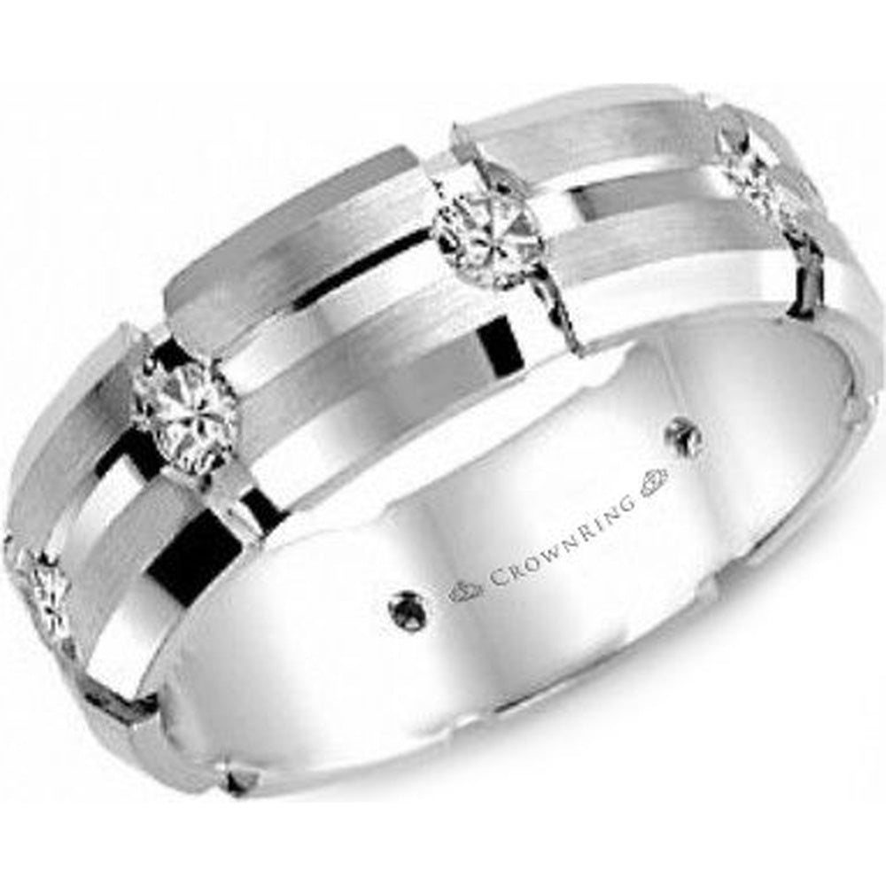 CrownRing Men's Wedding Band - 14K White Gold with Round Diamond Accents and Brushed Beveled Finish- 0.4 Carat Total Diamond Weight - 7mm Width from the Diamond Collection
