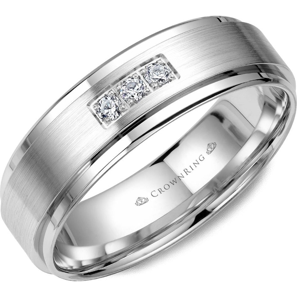 CrownRing Men's Wedding Band - 14K White Gold with Three Round Diamonds and Sandpaper Center- 0.15 Carat Total Diamond Weight - 6mm Width from the Diamond Collection