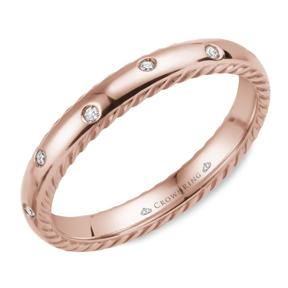 CrownRing Men's Wedding Band - 14K Rose Gold Rope with Flush-Set Round Diamonds - 0.07 Carat Total Diamond Weight - 3mm Width from the Diamond Collection