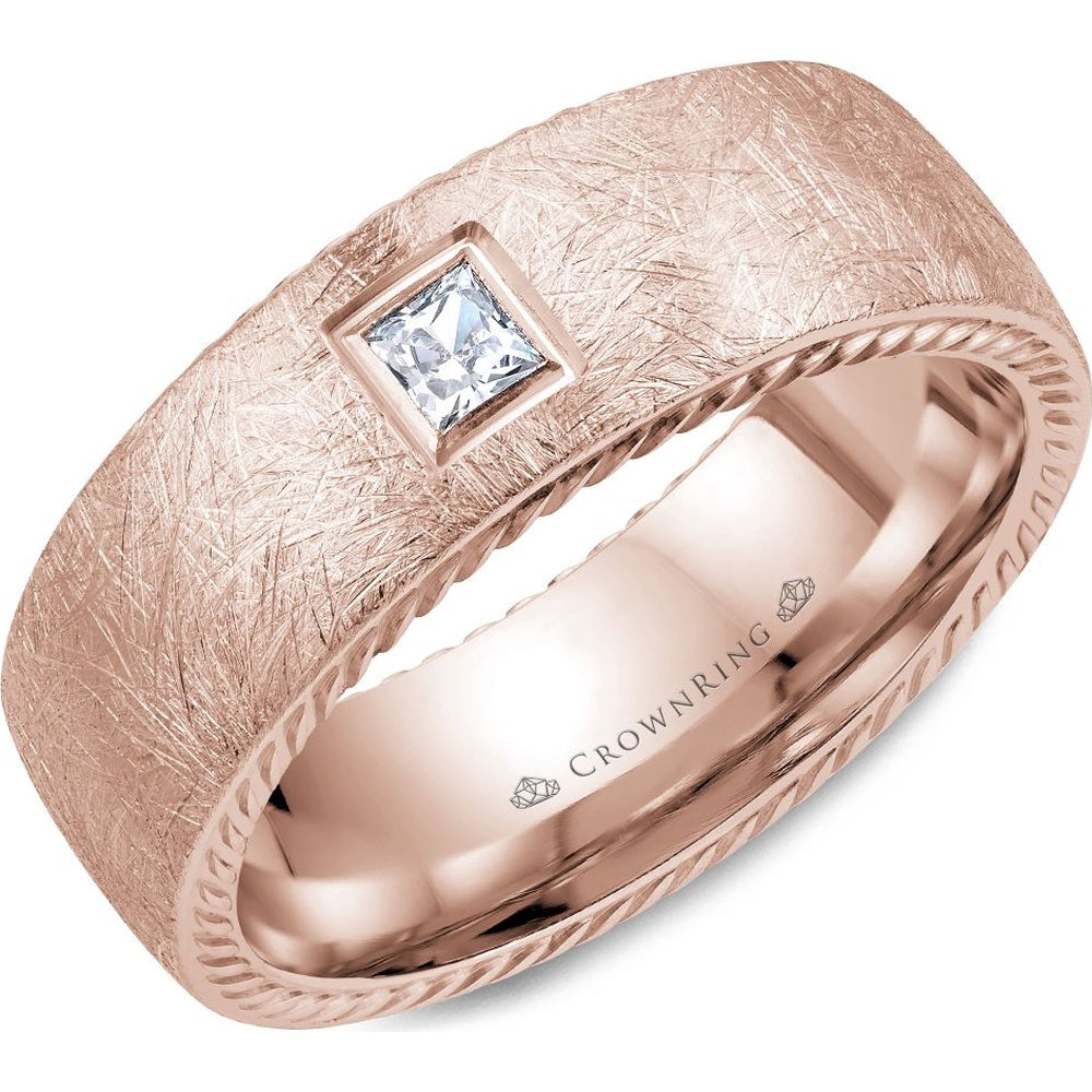 CrownRing Men's Wedding Band - 14K Rose Gold with Bezel-Set Princess Cut Diamond and Rope Edges- 0.15 Carat Total Diamond Weight - 8mm Width from the Diamond Collection
