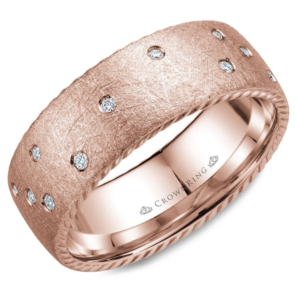 CrownRing Men's Wedding Band - 14K Rose Gold with Bezel Set Round Diamonds and Rope Edge- 0.14 Carat Total Diamond Weight - 8mm Width from the Diamond Collection