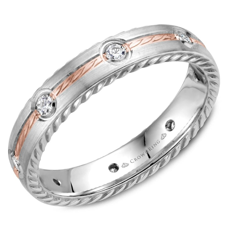 CrownRing Men's Wedding Band - 14K White Gold and Rose Gold Rope with Bezel-Set Round Diamonds - 0.2 Carat Total Diamond Weight - 4mm Width from the Diamond Collection