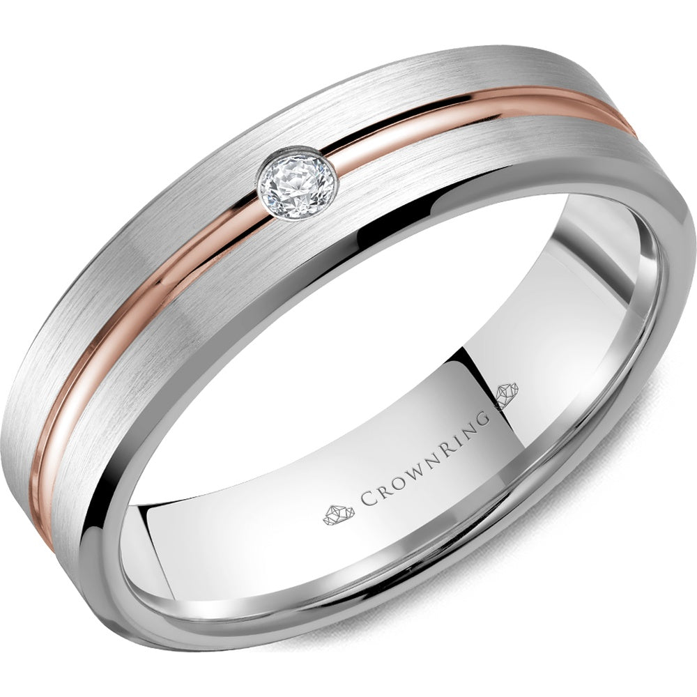 CrownRing Men's Wedding Band - 14K Rose Gold and White Gold with Bezel-Set Round Diamond and Brushed Finish- 0.05ct - 6mm Width from the Diamond Collection