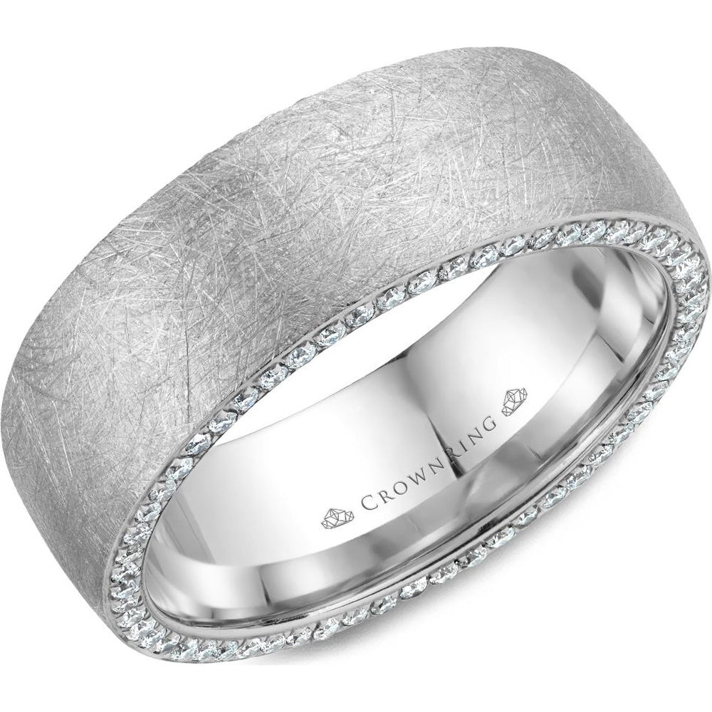 CrownRing Men's Wedding Band - 14K White Gold Diamond Brush with Round Diamond Edges- 0.71 Carat Total Diamond Weight - 8mm Width from the Diamond Collection