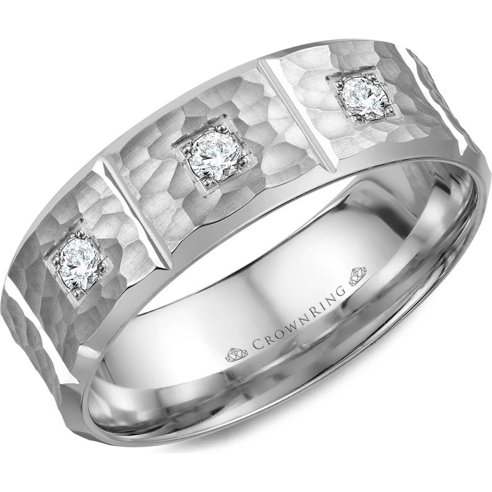 CrownRing Men's Wedding Band - 14K White Gold Hammered with Three Flush-Set Round Diamonds - 0.15 Carat Total Diamond Weight - 7mm Width from the Diamond Collection