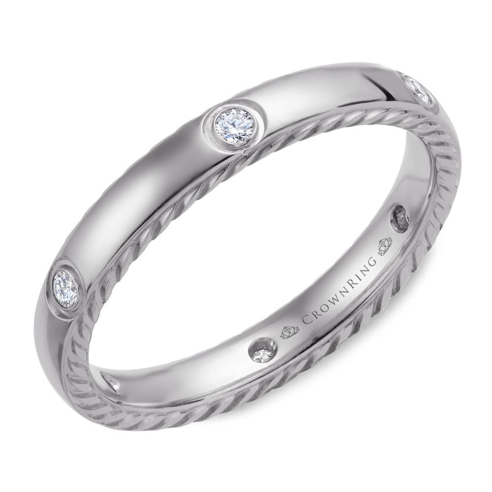 CrownRing Men's Wedding Band - 14K White Gold Rope Collection with Bezel-Set Round Diamonds - 0.15 Carat Total Diamond Weight - 3mm Width from the Diamond Collection