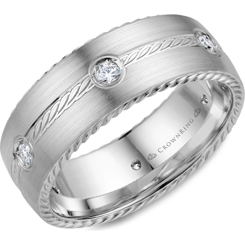 CrownRing Men's Wedding Band - 14K White Gold Rope with Bezel-Set Round Diamonds - 0.23 Carat Total Diamond Weight - 8mm Width from the Diamond Collection