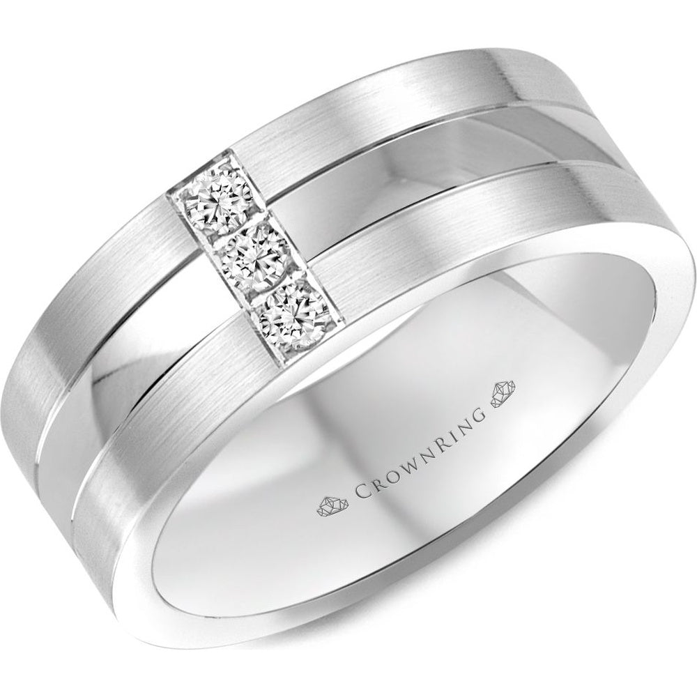 CrownRing Men's Wedding Band - 14K White Gold with 3 Round Diamonds and Brushed Sides- 0.15 Carat Total Diamond Weight - 8mm Width from the Diamond Collection