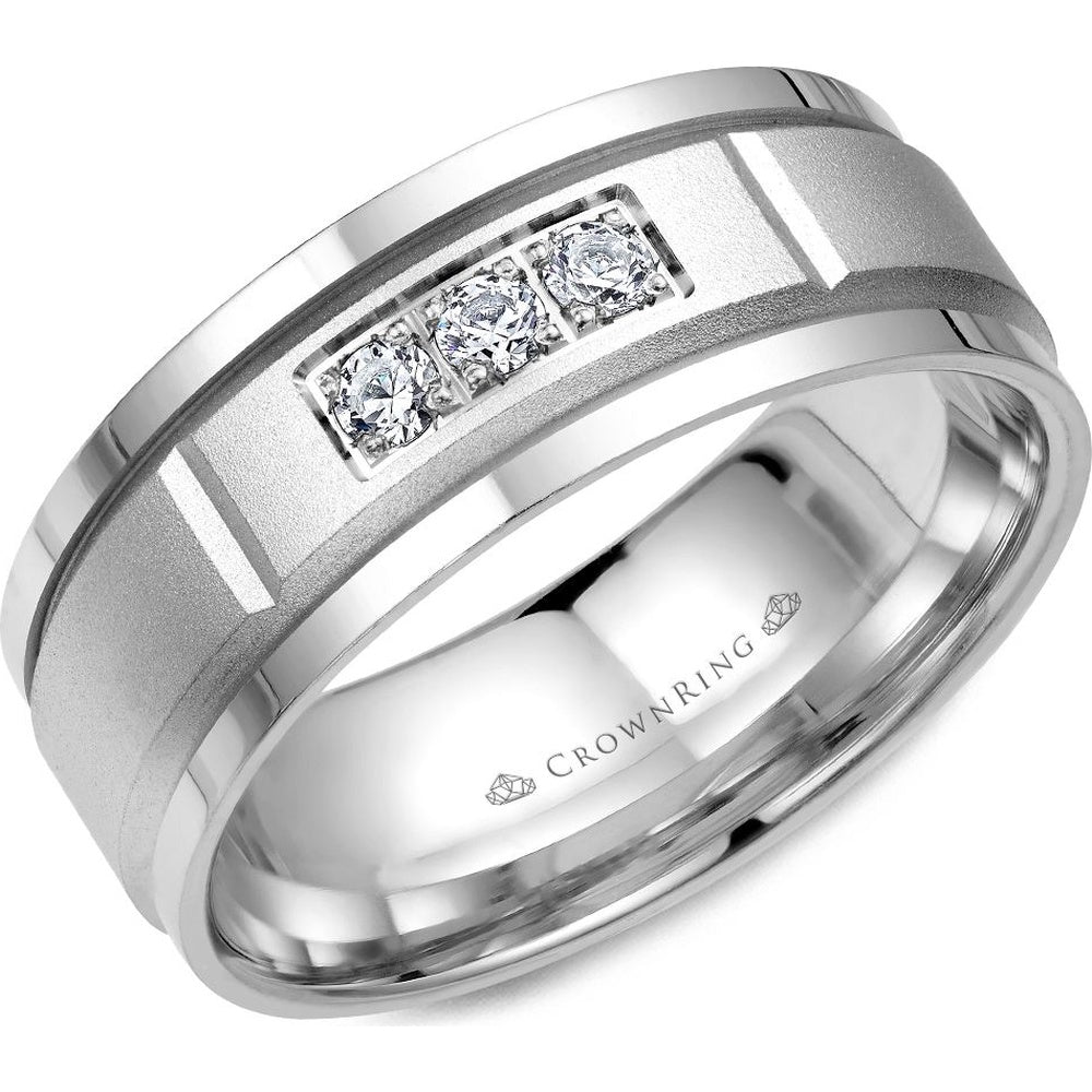 CrownRing Men's Wedding Band - 14K White Gold with 3 Round Diamonds and Sandblasted Center- 0.15 Carat Total Diamond Weight - 8mm Width from the Diamond Collection