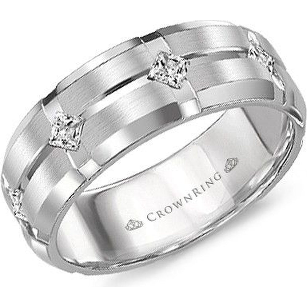 CrownRing Men's Wedding Band - 14K White Gold with 4 Princess Cut Diamonds - 0.4 Carat Total Diamond Weight - 8mm Width from the Diamond Collection