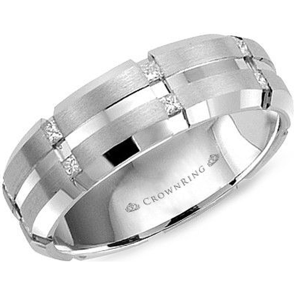 CrownRing Men's Wedding Band - 14K White Gold with 6 Princess Cut Diamonds - 0.18 Carat Total Diamond Weight - 7mm Width from the Diamond Collection