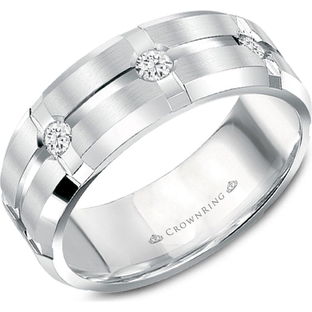 CrownRing Men's Wedding Band - 14K White Gold with Beveled Center and Three Round Diamonds - 0.15 Carat Total Diamond Weight - 7mm Width from the Diamond Collection