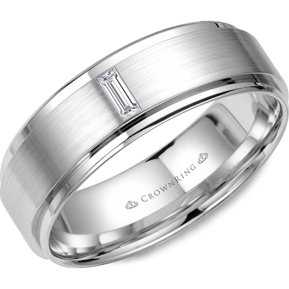 CrownRing Men's Wedding Band - 14K White Gold with Bezel-Set Baguette Diamond and Brushed Center- 0.17 Carat Total Diamond Weight - 7mm Width from the Diamond Collection