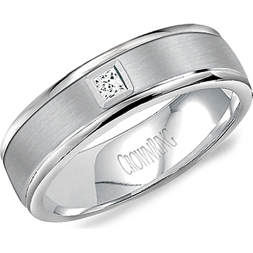 CrownRing Men's Wedding Band - 14K White Gold with Bezel-Set Princess Cut Diamond - 0.10 Carat Total Diamond Weight - 7mm Width from the Diamond Collection