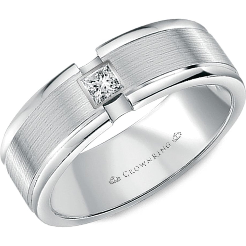 CrownRing Men's Wedding Band - 14K White Gold with Bezel-Set Princess Cut Diamond and Sandpaper Center- 0.10 Carat Total Diamond Weight - 7mm Width from the Diamond Collection