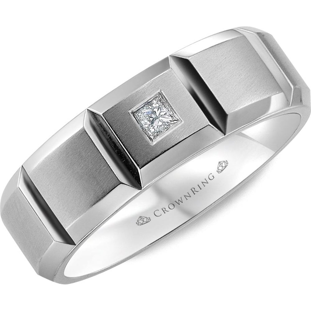 CrownRing Men's Wedding Band - 14K White Gold with Bezel-Set Princess Cut Diamond and Sandpaper Finish- 0.15 Carat Total Diamond Weight - 7mm Width from the Diamond Collection