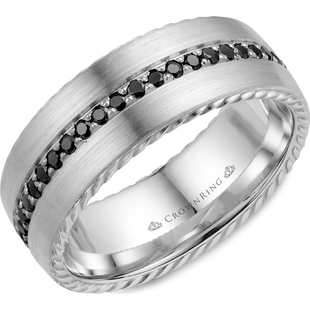 CrownRing Men's Wedding Band - 14K White Gold with Black Round Diamonds and Rope Edge Detail- 0.72 Carat Total Diamond Weight - 8mm Width from the Diamond Collection