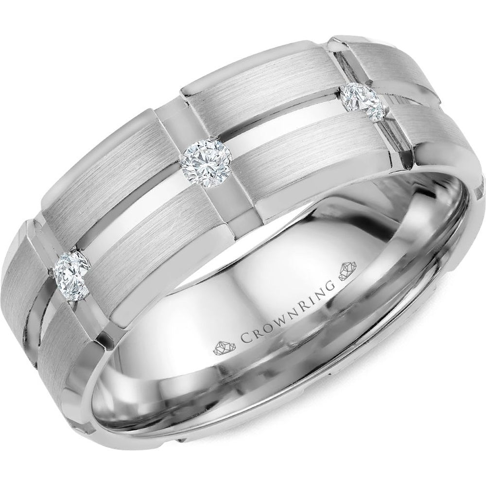 CrownRing Men's Wedding Band - 14K White Gold with Brushed and Polished Finish and 3 Round Diamonds - 0.15 Carat Total Diamond Weight - 8mm Width from the Diamond Collection