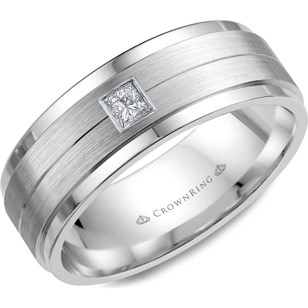 CrownRing Men's Wedding Band - 14K White Gold with Brushed Center and Princess Cut Diamond - 0.15 Carat Total Diamond Weight - 8mm Width from the Diamond Collection