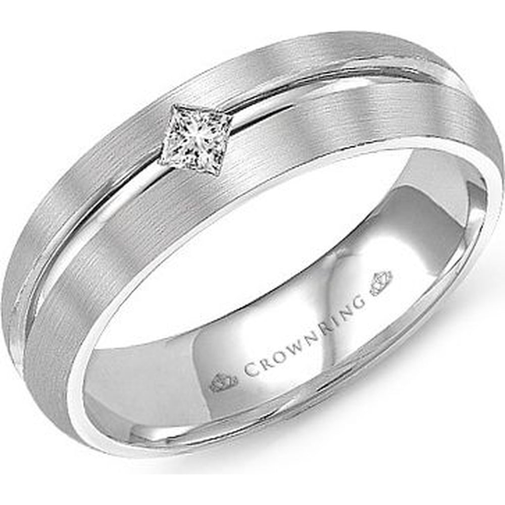 CrownRing Men's Wedding Band - 14K White Gold with Brushed Finish and Princess Cut Diamond - 0.10 Carat Total Diamond Weight - 6mm Width from the Diamond Collection