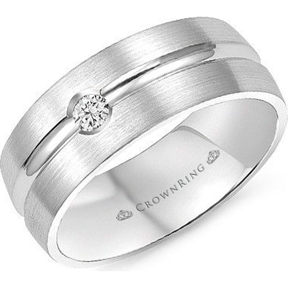 CrownRing Men's Wedding Band - 14K White Gold with Brushed Sandpaper Finish and Round Diamond - 0.10 Carat Total Diamond Weight - 8mm Width from the Diamond Collection