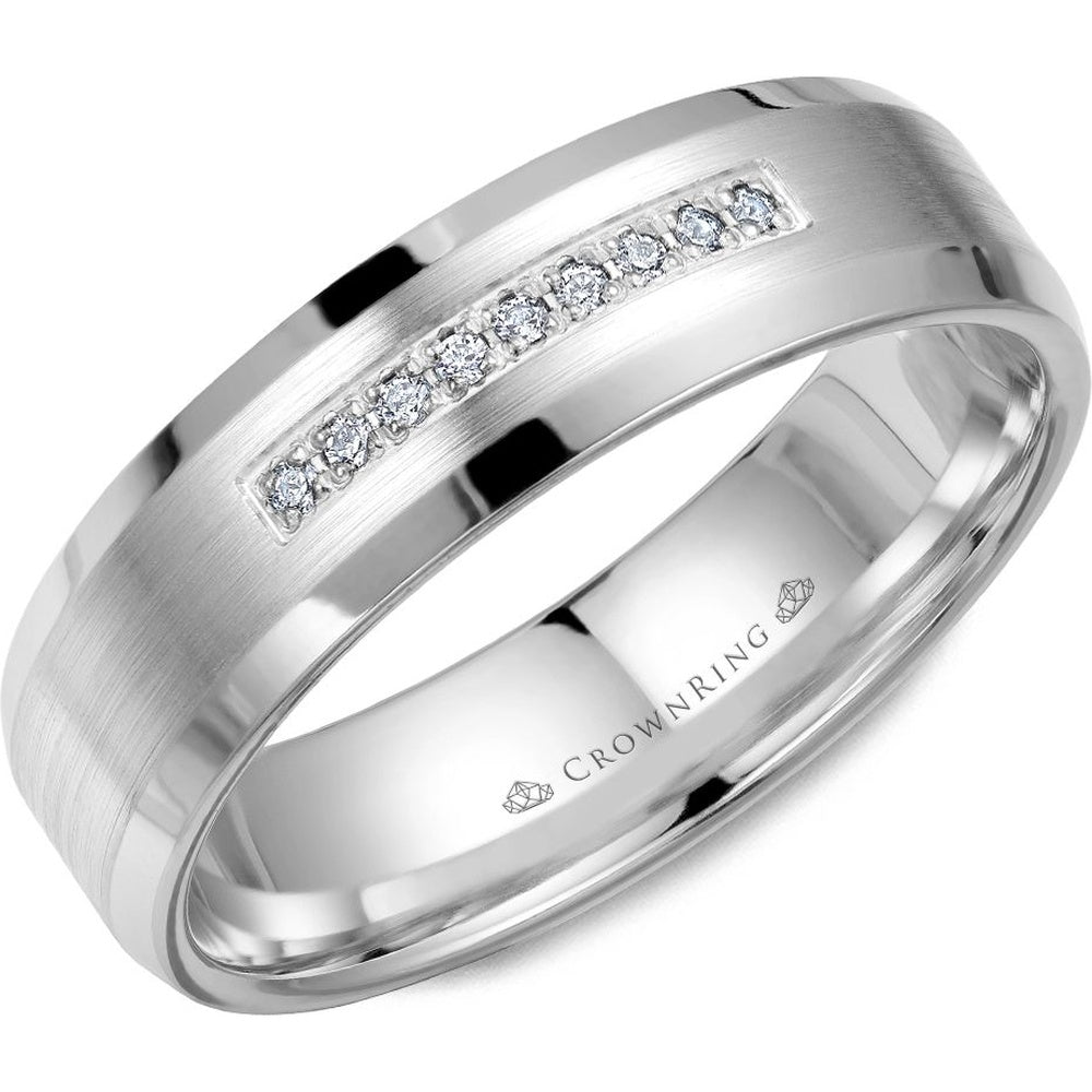 CrownRing Men's Wedding Band - 14K White Gold with Brushed Sandpaper Inlay and 9 Round Diamonds - 0.05 Carat Total Diamond Weight - 6mm Width from the Diamond Collection