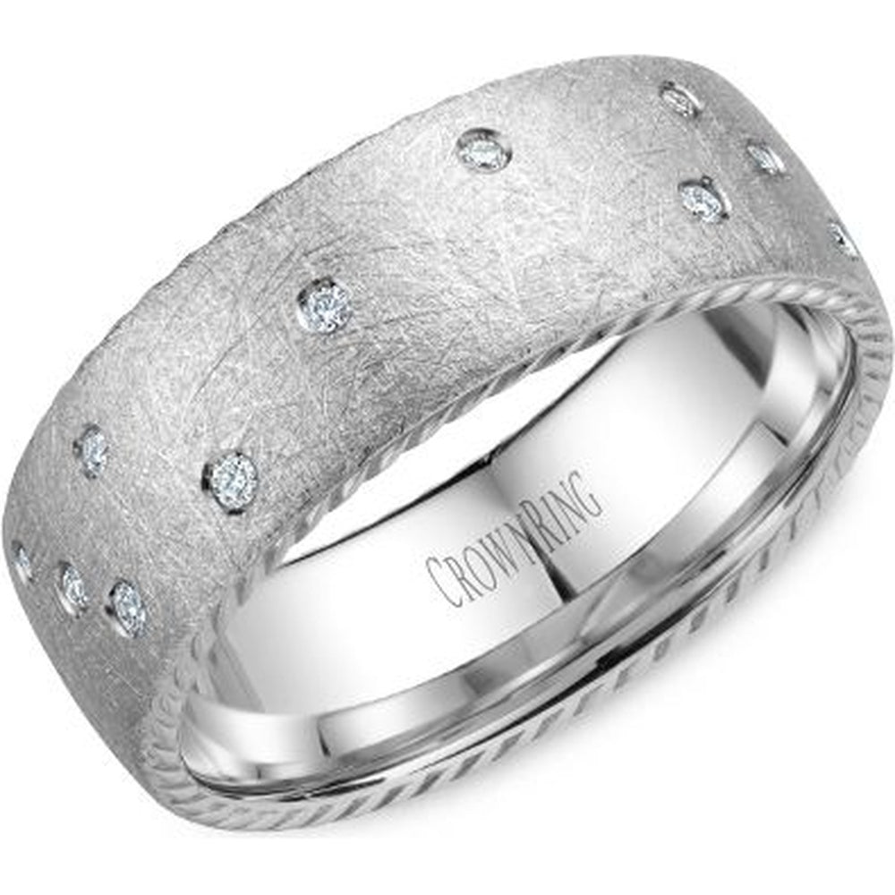 CrownRing Men's Wedding Band - 14K White Gold with Brushed Top, Rope Edges, and 21 Round Diamonds - 0.14 Carat Total Diamond Weight - 8mm Width from the Diamond Collection