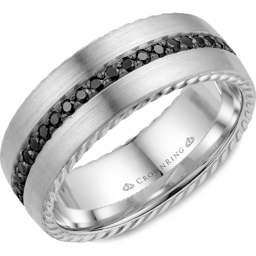CrownRing Men's Wedding Band - 14K White Gold with Channel-Set Round Black Diamonds and Rope Detail- 0.72 Carat Total Diamond Weight - 8mm Width from the Diamond Collection