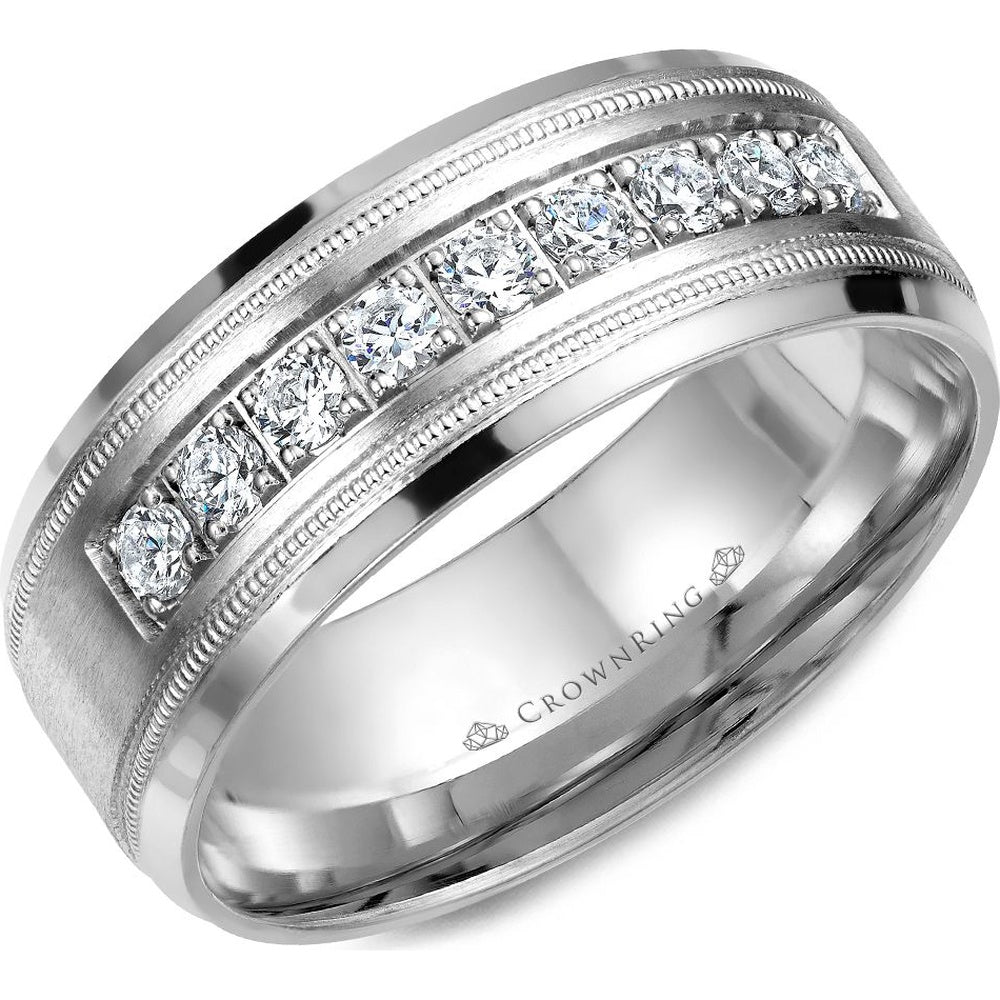 CrownRing Men's Wedding Band - 14K White Gold with Channel-Set Round Diamonds and Sandpaper Center- 0.45 Carat Total Diamond Weight - 8mm Width from the Diamond Collection