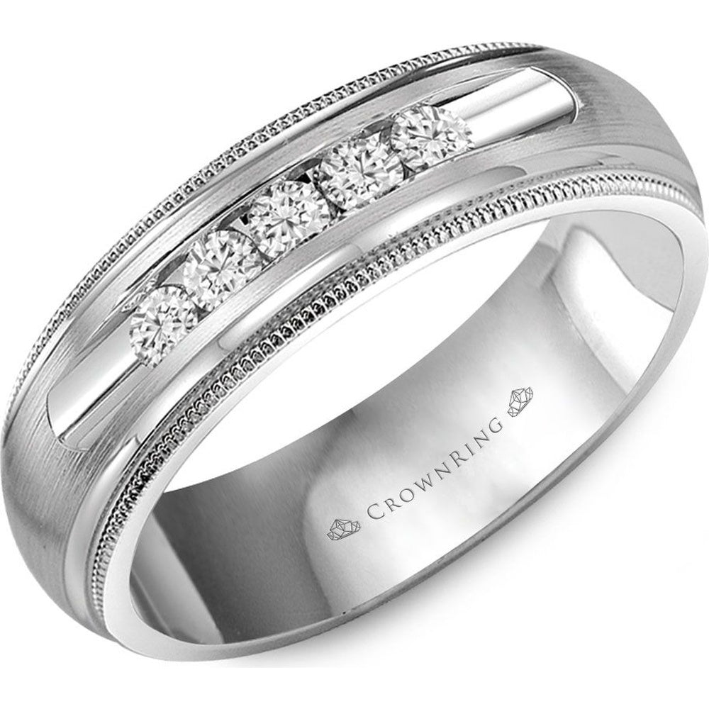 CrownRing Men's Wedding Band - 14K White Gold with Channel-Set Round Diamonds and Sandpaper Finish- 0.35 Carat Total Diamond Weight - 6.5mm Width from the Diamond Collection