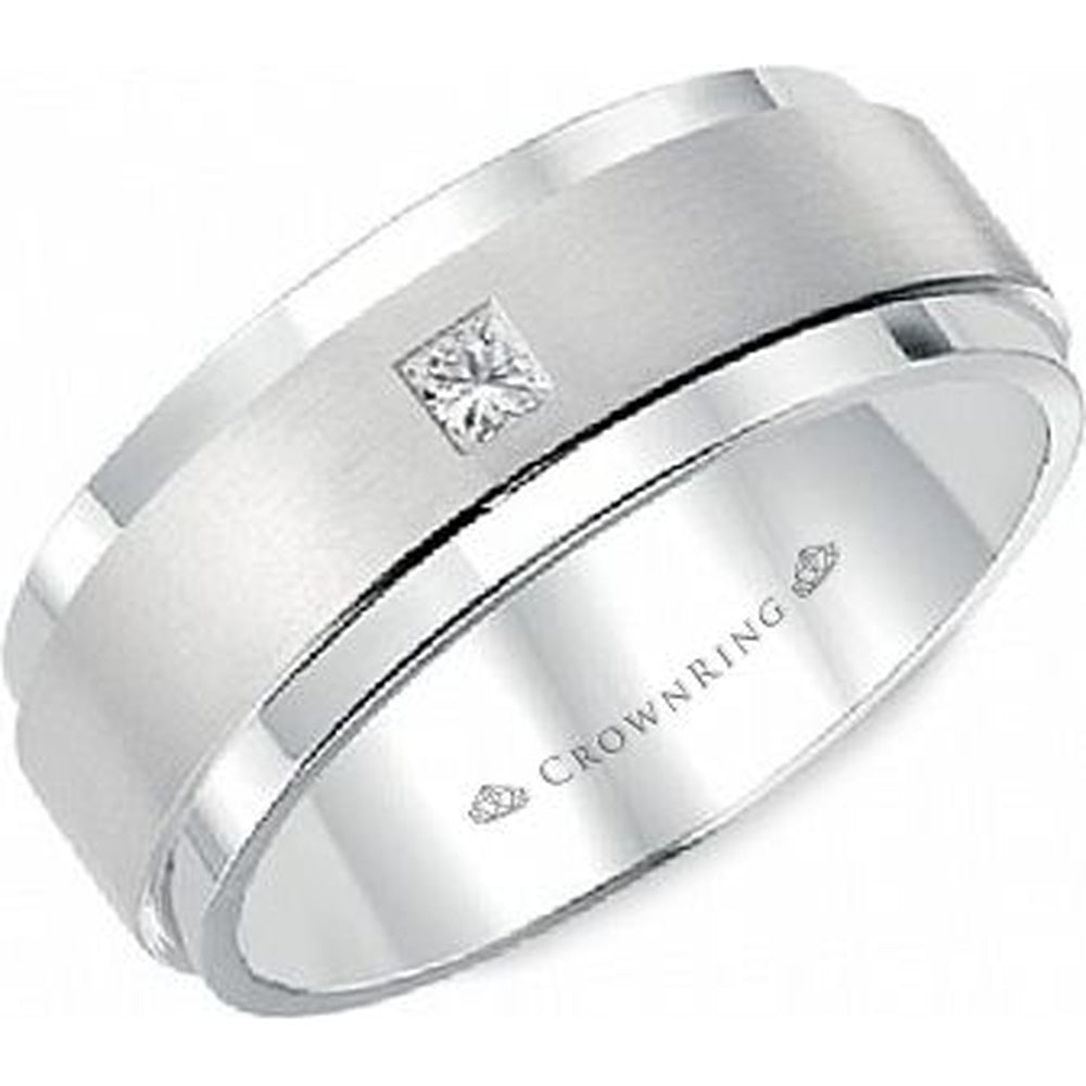 CrownRing Men's Wedding Band - 14K White Gold with Flush-Set Princess Cut Diamond - 0.20 Carat Total Diamond Weight - 8mm Width from the Diamond Collection