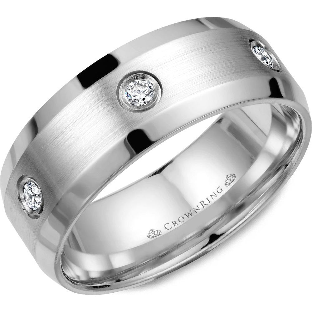 CrownRing Men's Wedding Band - 14K White Gold with Flush-Set Round Diamonds and Brushed Center- 0.23 Carat Total Diamond Weight - 8mm Width from the Diamond Collection