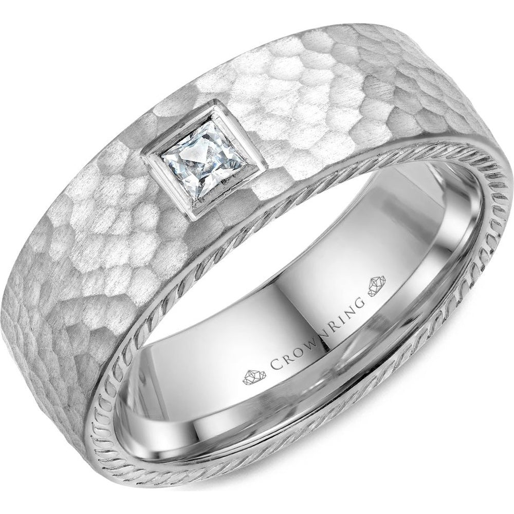 CrownRing Men's Wedding Band - 14K White Gold with Princess Cut Diamond and Hammered Rope Finish- 0.15ct - 8mm Width from the Diamond Collection