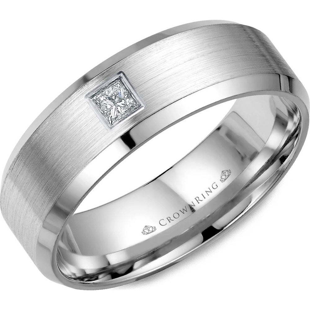 CrownRing Men's Wedding Band - 14K White Gold with Princess Cut Diamond and Sandpaper Finish- 0.10 Carat Total Diamond Weight - 7mm Width from the Diamond Collection