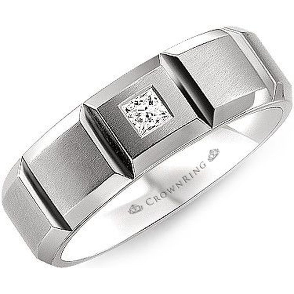CrownRing Men's Wedding Band - 14K White Gold with Princess Cut Diamond and Sandpaper Top- 0.1 Carat Total Diamond Weight - 7mm Width from the Diamond Collection