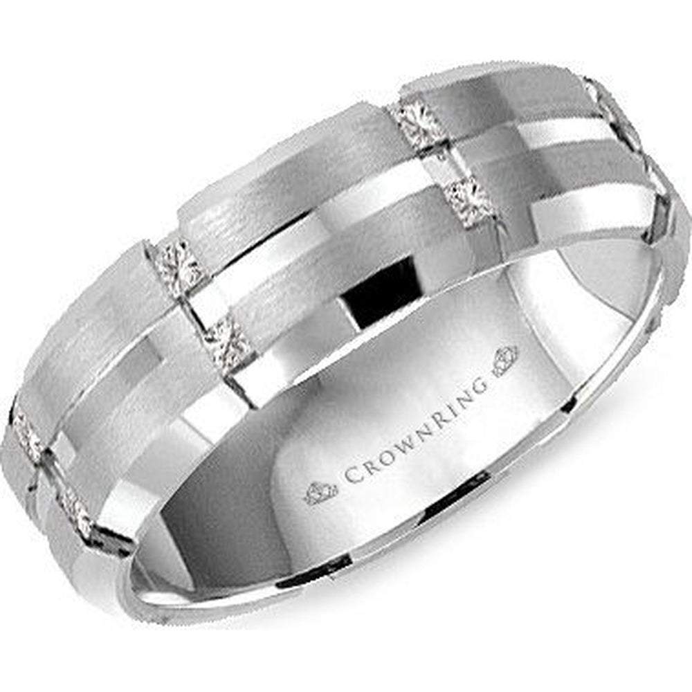 CrownRing Men's Wedding Band - 14K White Gold with Princess Cut Diamonds and Brushed Finish- 0.48 Carat Total Diamond Weight - 7mm Width from the Diamond Collection