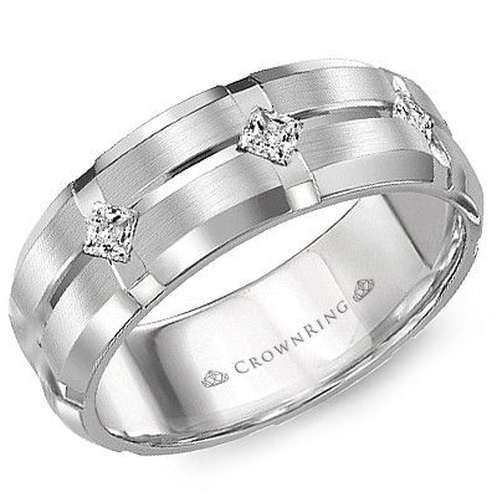 CrownRing Men's Wedding Band - 14K White Gold with Prong Set Princess Cut Diamonds - 0.81 Carat Total Diamond Weight - 8mm Width from the Diamond Collection