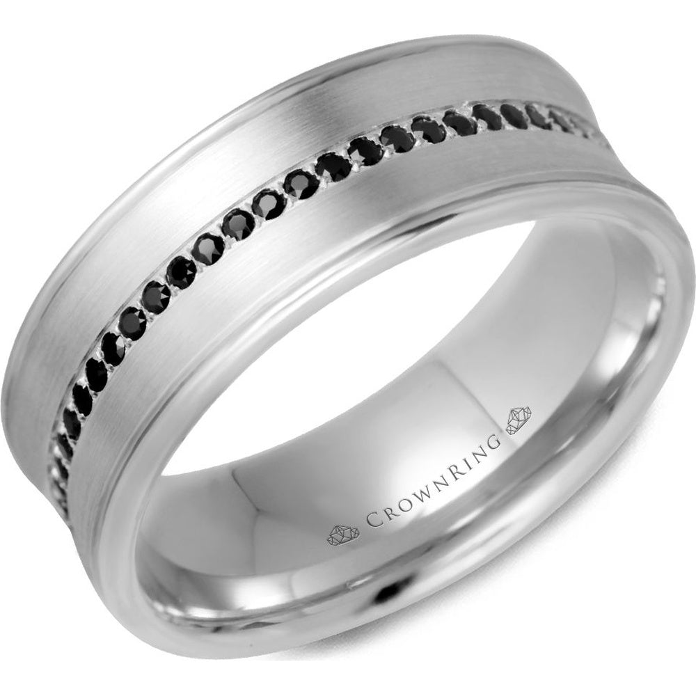 CrownRing Men's Wedding Band - 14K White Gold with Round Black Diamonds and Brushed Finish- 0.36 Carat Total Diamond Weight - 8mm Width from the Diamond Collection
