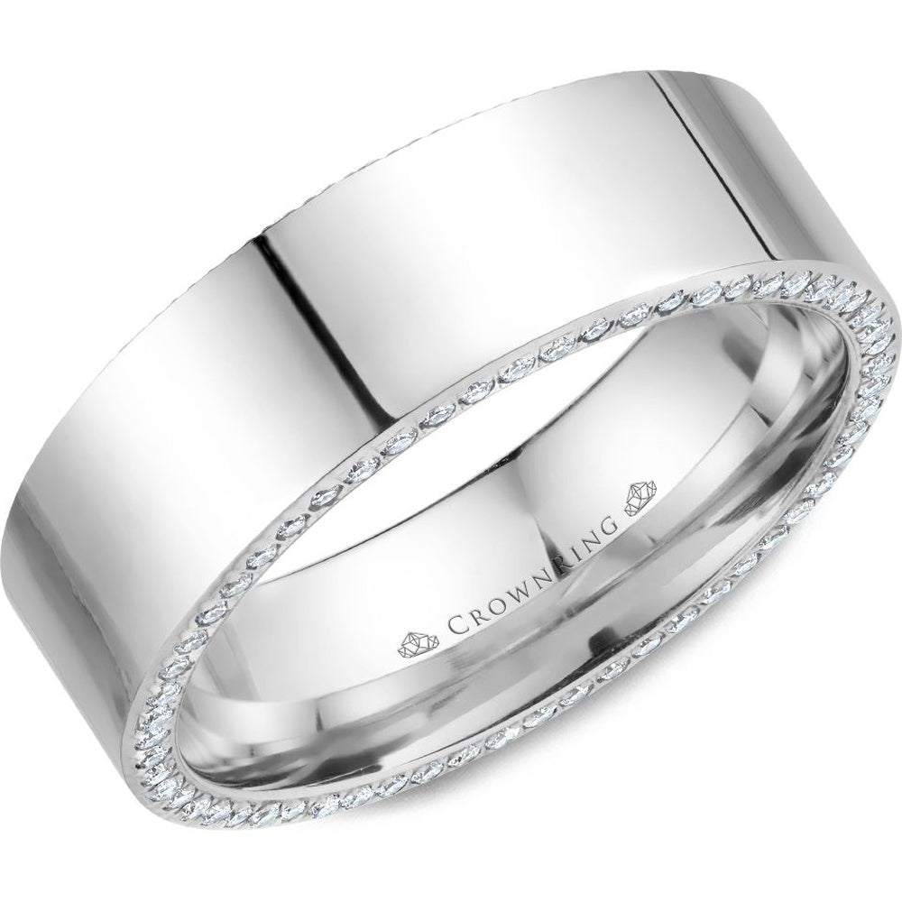 CrownRing Men's Wedding Band - 14K White Gold with Round Diamond Edge and High Polish Finish- 0.71 Carat Total Diamond Weight - 7.5mm Width from the Diamond Collection