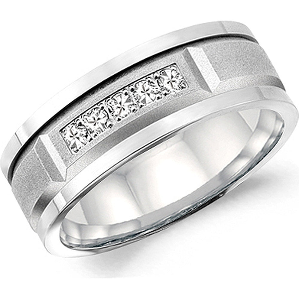 CrownRing Men's Wedding Band - 14K White Gold with Sandblast Center and 5 Round Diamonds - 0.25 Carat Total Diamond Weight - 8mm Width from the Diamond Collection
