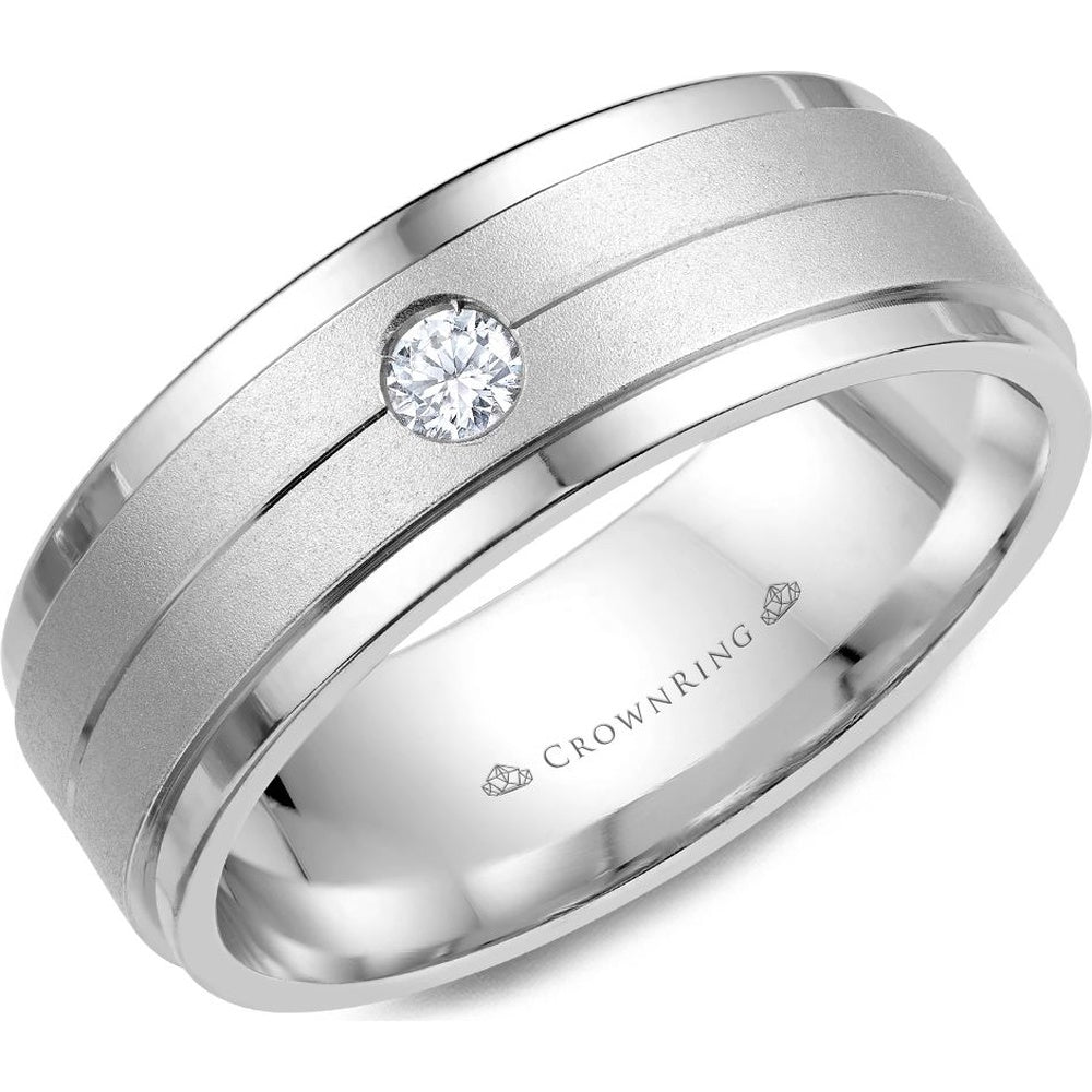 CrownRing Men's Wedding Band - 14K White Gold with Sandblasted Center, High Polish Edges, and Bezel-Set Round Diamond - 0.1 Carat Total Diamond Weight - 8mm Width from the Diamond Collection